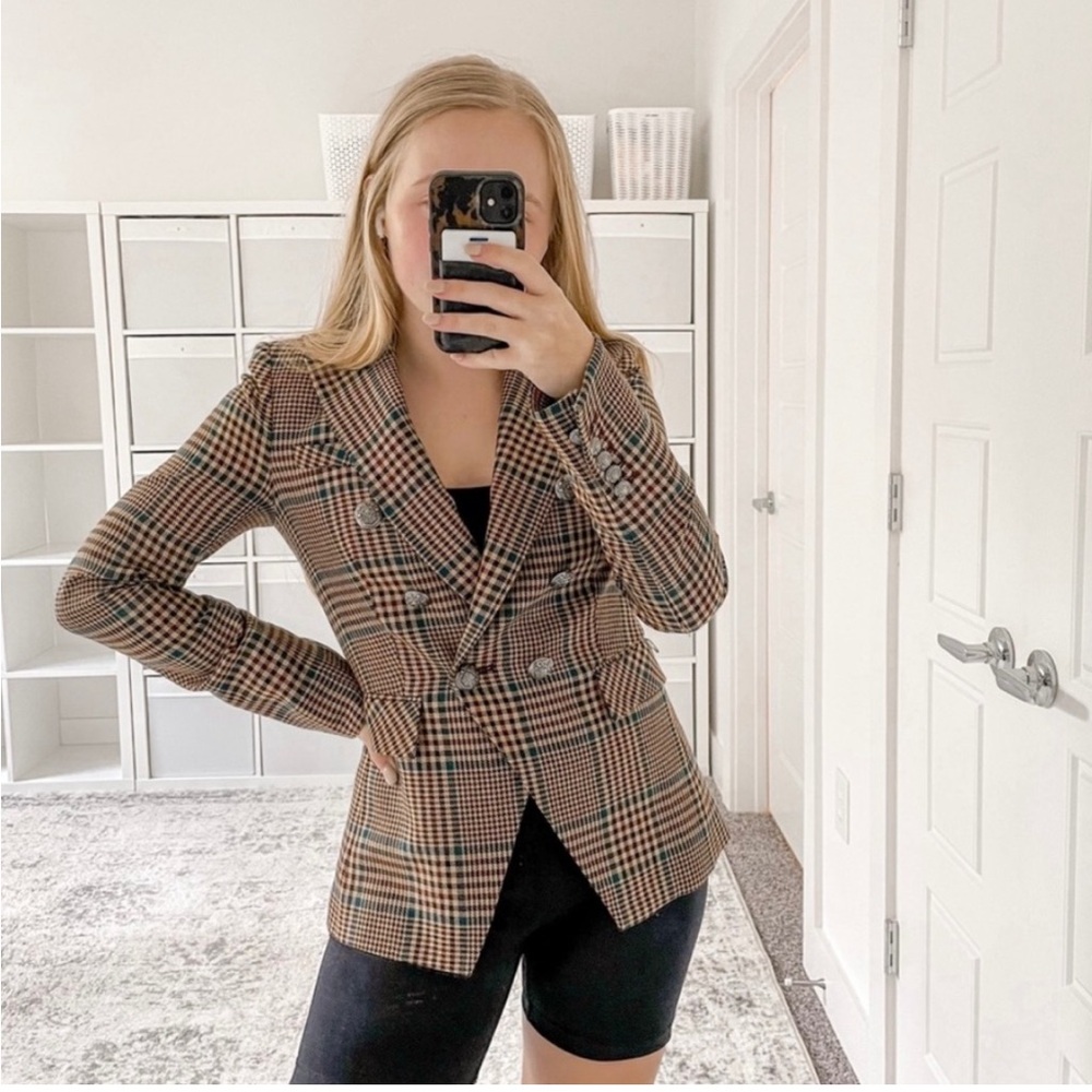 Veronica Beard Miller Wool Blendâ Prince Of Wales Blazer Brown Green Sz 0 Plaid